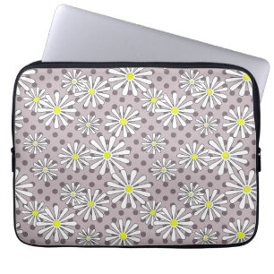 White daisy flowers on a beige brown polka dot laptop sleeve