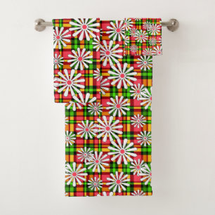 White daisy flowers on a red green chequered backg bath towel set