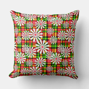 White daisy flowers on a red green chequered backg cushion