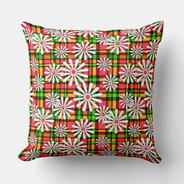 White daisy flowers on a red green chequered backg cushion (Front)