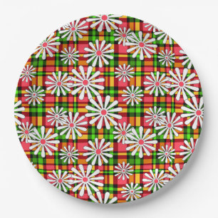 White daisy flowers on a red green chequered backg paper plate