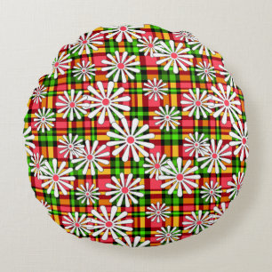 White daisy flowers on a red green chequered backg round cushion