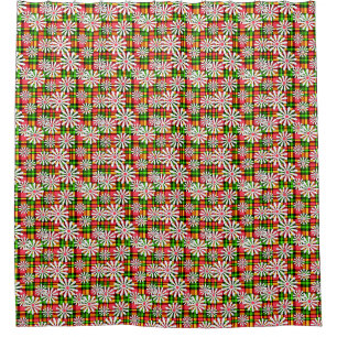 White daisy flowers on a red green chequered backg shower curtain