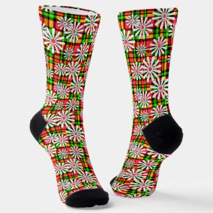 White daisy flowers on a red green chequered backg socks
