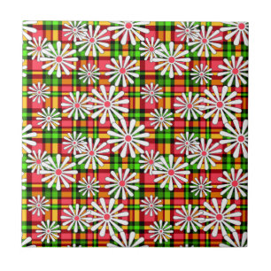 White daisy flowers on a red green chequered backg tile