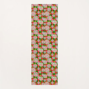 White daisy flowers on a red green chequered backg yoga mat