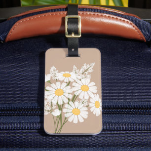 White Daisy Flowers on Beige Luggage Tag