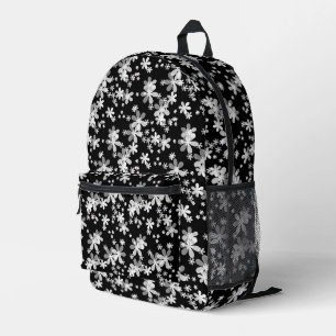 White daisy flowers on black background printed backpack