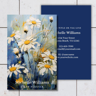 White Daisy Flowers on Blue | Botanical Floral Business Card