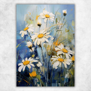 White Daisy Flowers on Blue Botanical Floral Poster