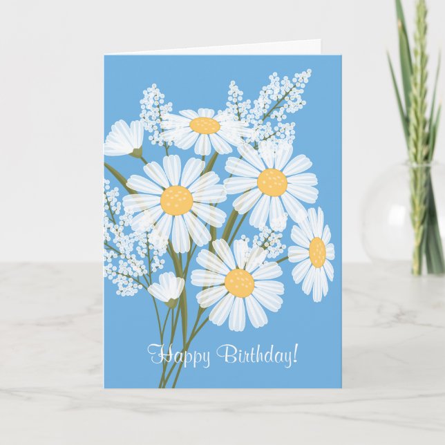 White Daisy Flowers on Blue Happy Birthday Card (Front)