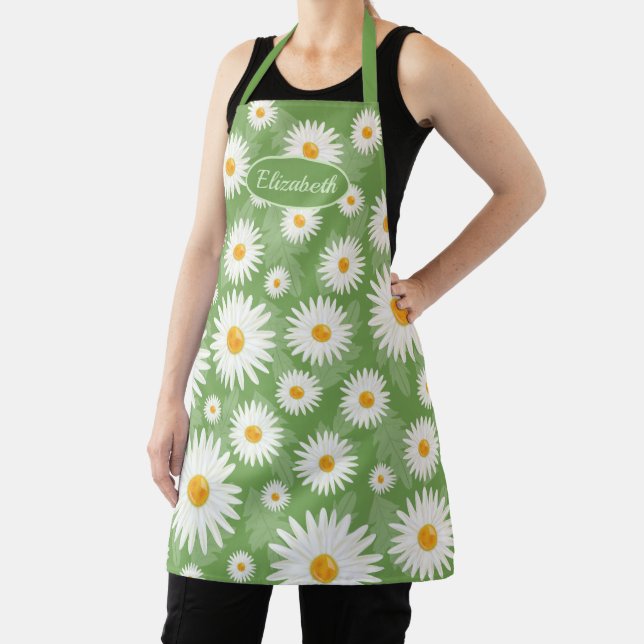 White Daisy Flowers On Green Illustration Apron (Insitu)