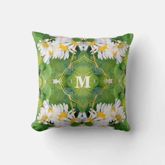 White Daisy Flowers on Green Leaves Throw Pillow (Front)