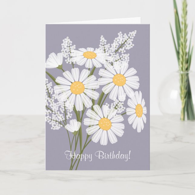 White Daisy Flowers on Lavender Happy Birthday Card (Front)