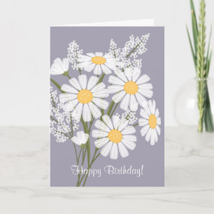 White Daisy Flowers on Lavender Happy Birthday Card