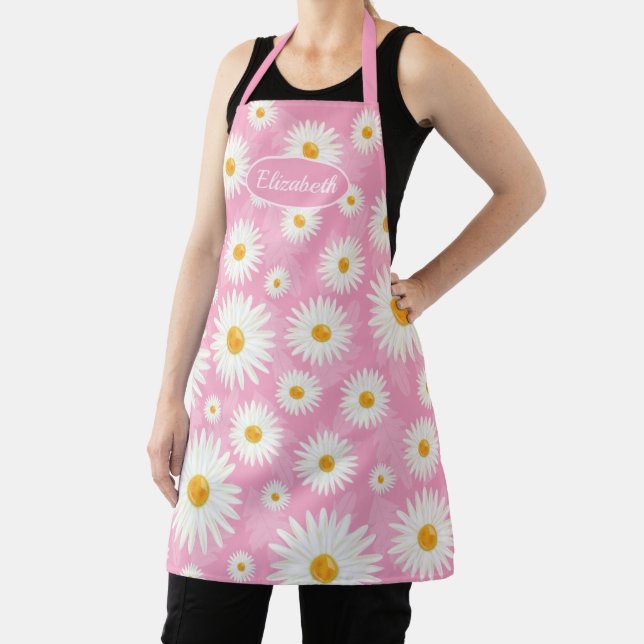 White Daisy Flowers On Pink Illustration Apron (Insitu)