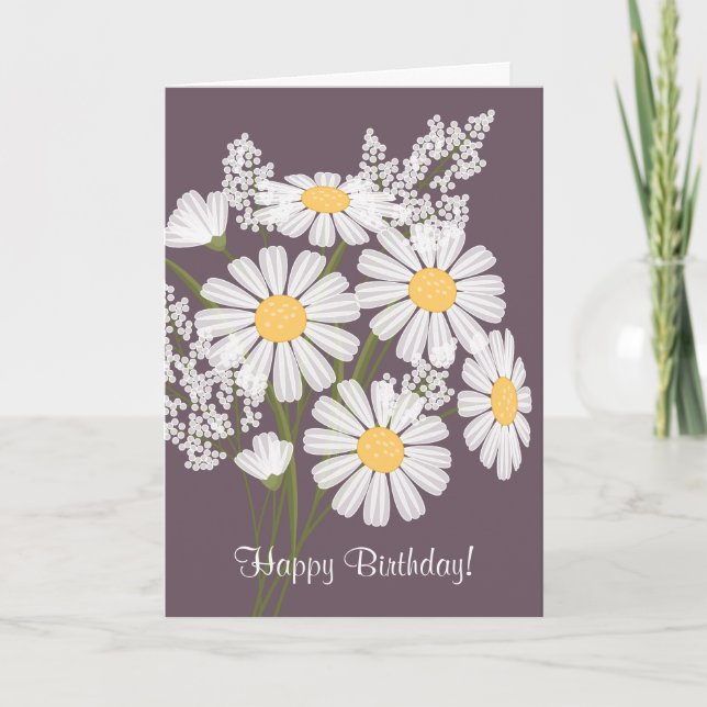 White Daisy Flowers on Purple Happy Birthday Card (Front)
