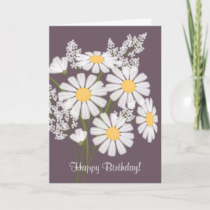White Daisy Flowers on Purple Happy Birthday Card