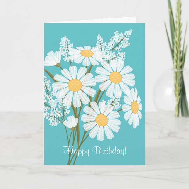 White Daisy Flowers on Teal Happy Birthday Card (Front)
