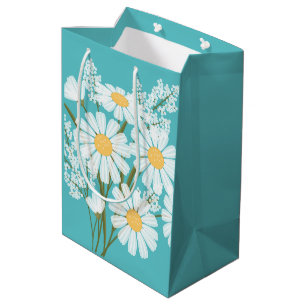 White Daisy Flowers on Teal Medium Gift Bag