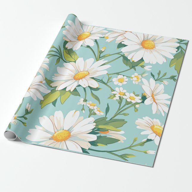 White Daisy Flowers Patterned Wrapping Paper (Unrolled)