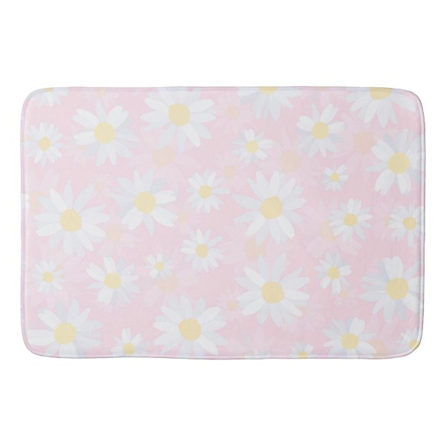 White Daisy Flowers Pink Floral Bath Mat (Front)