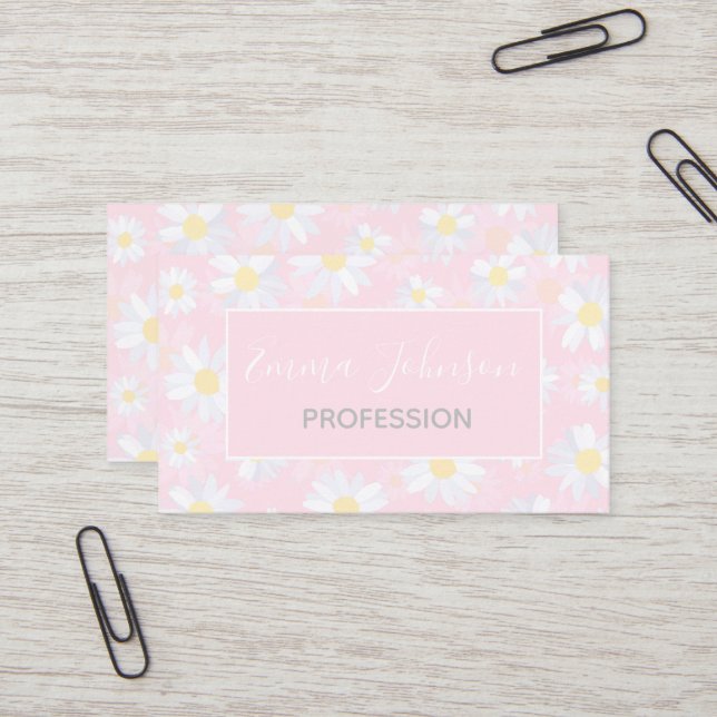White Daisy Flowers Pink Floral Business Card (Front/Back In Situ)