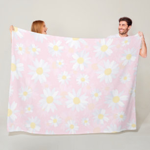 White Daisy Flowers Pink Floral Fleece Blanket