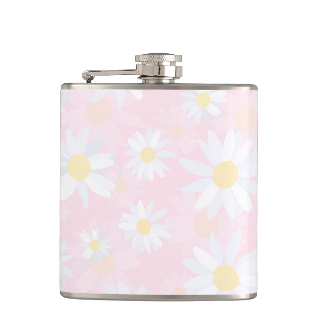 White Daisy Flowers Pink Floral Hip Flask (Front)