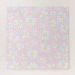 White Daisy Flowers Pink Floral Jigsaw Puzzle<br><div class="desc">Elegant and simple white daisy flower painting, hand drawn daisies pink illustration, filled with a beautiful daisy floral pattern, white soft petals and yellow centered daisies, on a blush, rose pink, soft pink color background. Botanical daisy blooms floral nature hand painting, chic blossom beauty botanic flowery design. This girly garden...</div>