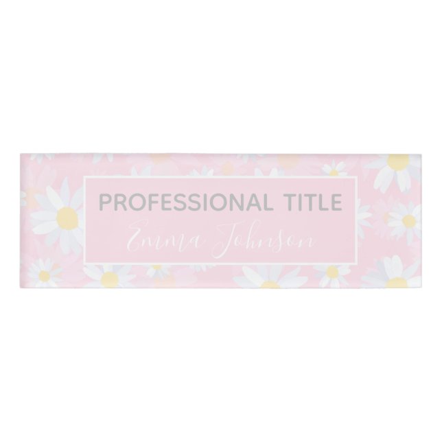  White Daisy Flowers Pink Floral Name Tag (Front)