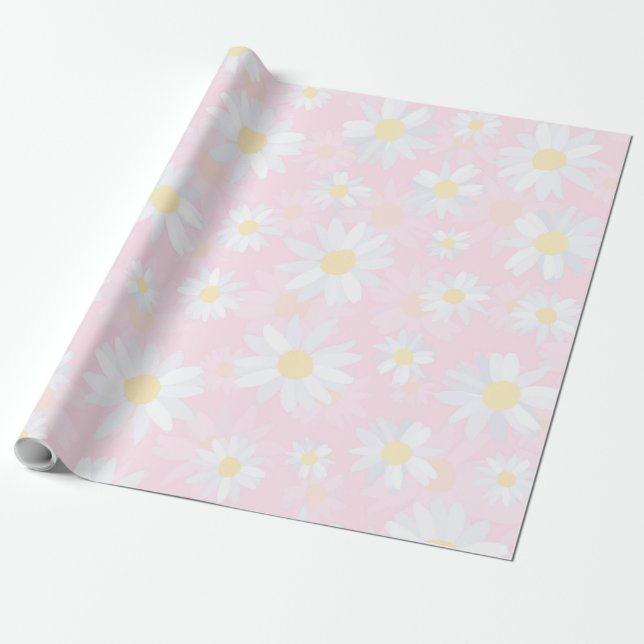  White Daisy Flowers Pink Floral Wrapping Paper (Unrolled)