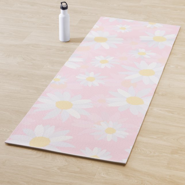 White Daisy Flowers Pink Floral Yoga Mat (In Situ)