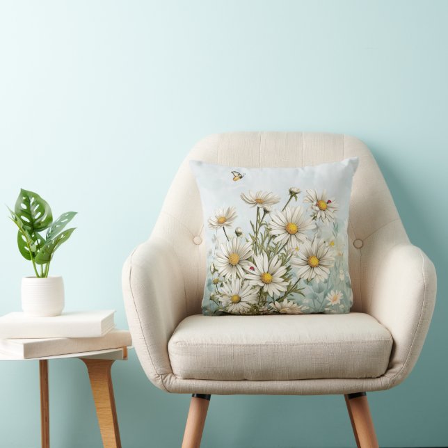 White Daisy Garden with Ladybugs Botanical Cushion (Chair)