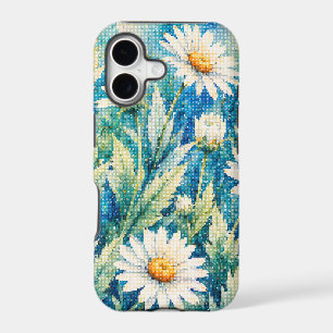 White Daisy Geometric Style Cross-Stitch-Inspired