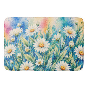 White Daisy Geometric Style Cross-Stitch-Inspired Bath Mat