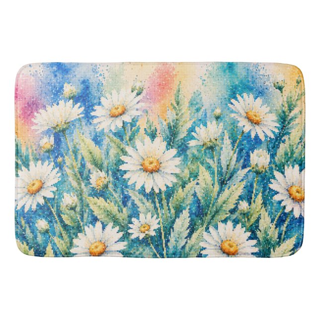 White Daisy Geometric Style Cross-Stitch-Inspired Bath Mat (Front)