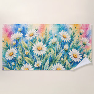 White Daisy Geometric Style Cross-Stitch-Inspired Beach Towel