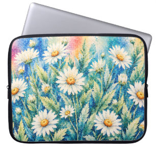 White Daisy Geometric Style Cross-Stitch-Inspired Laptop Sleeve