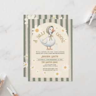 White Daisy Green Stripes Cute Goose Baby Shower Invitation