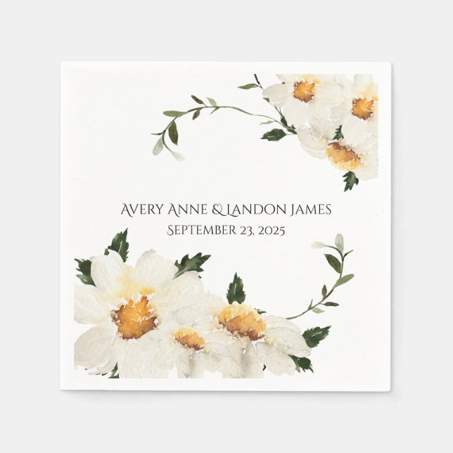 White Daisy Greenery Personalised Modern Wedding Napkin (Front)