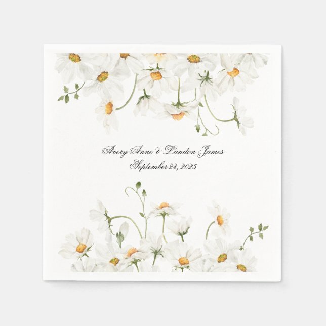 White Daisy Greenery Personalised Pretty Napkin (Front)