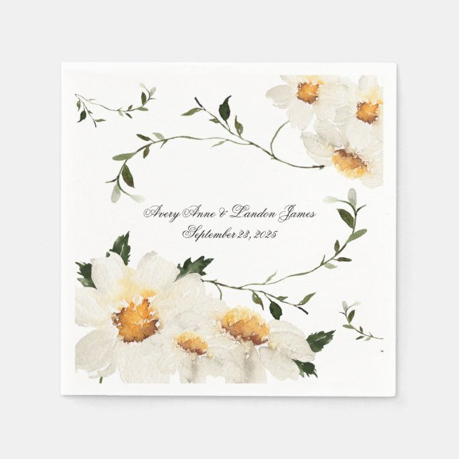 White Daisy Greenery Personalised Pretty Wedding Napkin (Front)