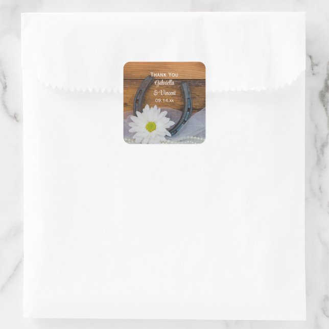 White Daisy Horseshoe Country Wedding Thank You Square Sticker (Bag)