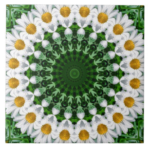 White Daisy Mandala with Fresh Green Symmetry Tile