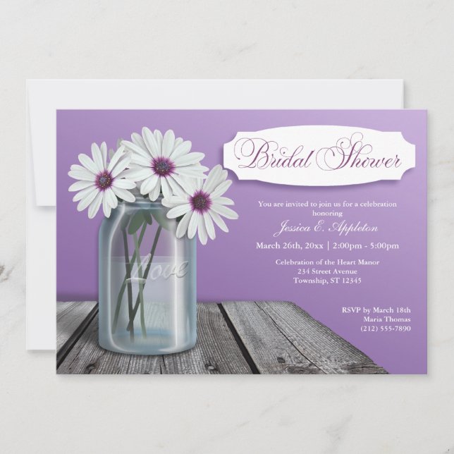 White Daisy Mason Jar Bridal Shower Invitations (Front)