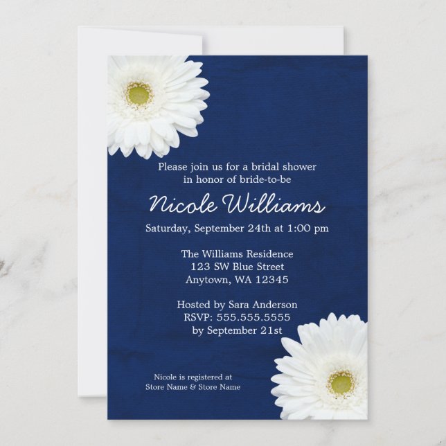 White Daisy Navy Blue Bridal Shower Invitation (Front)