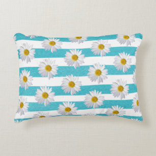 white daisy on aqua blue watercolor stripe decorative cushion