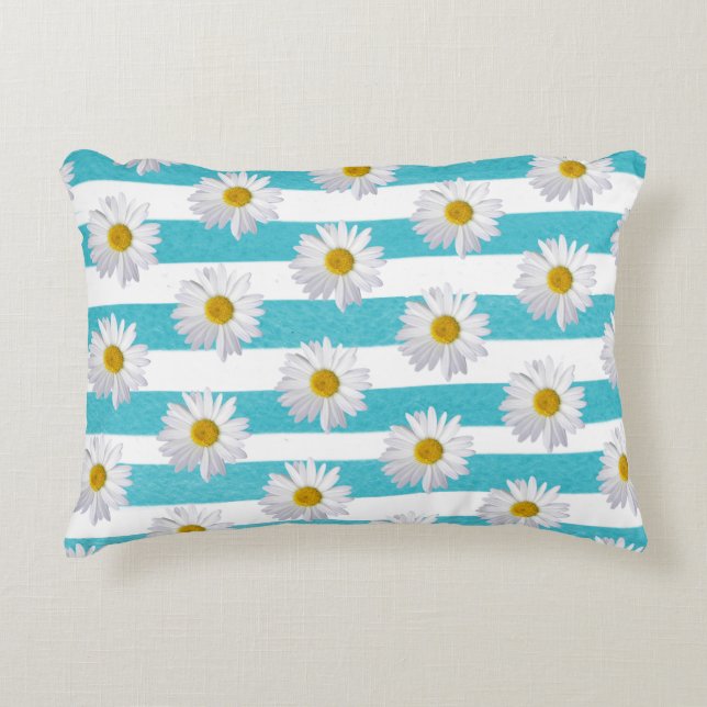 white daisy on aqua blue watercolor stripe decorative cushion (Front)
