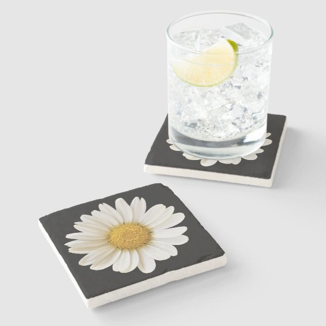 White Daisy on Black Background Floral Stone Coaster (Side)